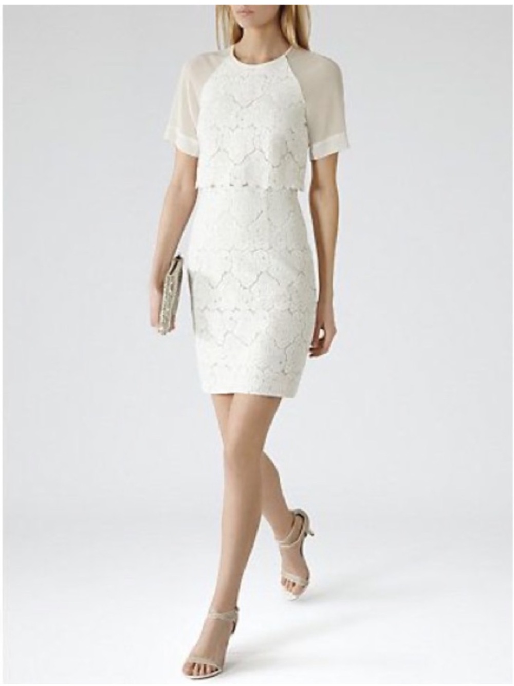 REISS Calla White Lace Overlay Short Sleeve Dress Size 4